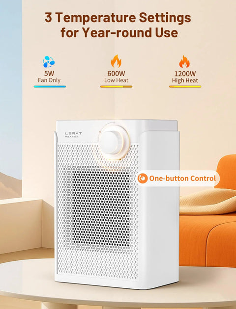 Compact Indoor Electric Space Heater 1200W PTC Fast Heating, Portable Heater with 3 temperature settings on a table.