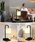 Three Way Dimmable Touch Lamp For Nightstand With USB Ports And Outlet displayed in living room, reading room, and bedroom.