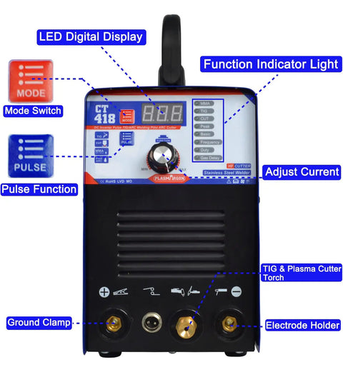 Front view of 3 In 1 Plasma Cutter And Welder Combo Machine With Dual Voltage 110V 220V, digital display and controls visible.