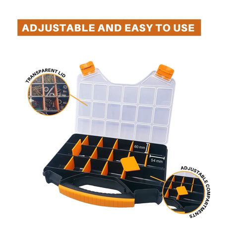 18 Compartments Hardware Gear Organizer Box With Removable Dividers And Accessible Hinged Lid, clear lid open view