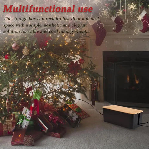 Two Pack Cable Management Box With Bamboo Lid, Large Wires Organizer, placed under a Christmas tree to hide cords, black.