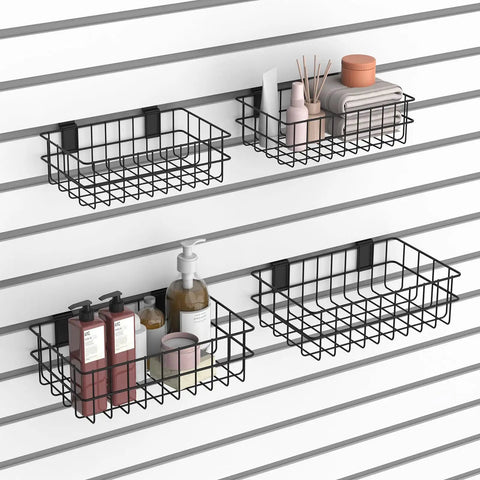 4 Pack Heavy Duty Slatwall Baskets Set For Garage And Shop Organization, Built To Last Metal Slat Wall Storage Bins, Black Finish
