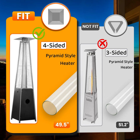 Comparison image showing a 4-sided pyramid heater compatible with glass tube replacement for patio heaters, 49.5 Inch tall.