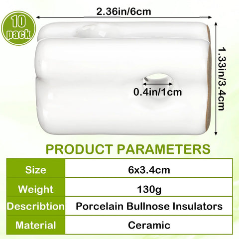 Porcelain bullnose fence insulators, white ceramic, 10-pack for electric fence wires on wood posts