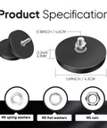 8-pack black rubber-coated M5 neodymium magnets with threaded studs; diameter ~1.69 in; includes M5 washers and nuts
