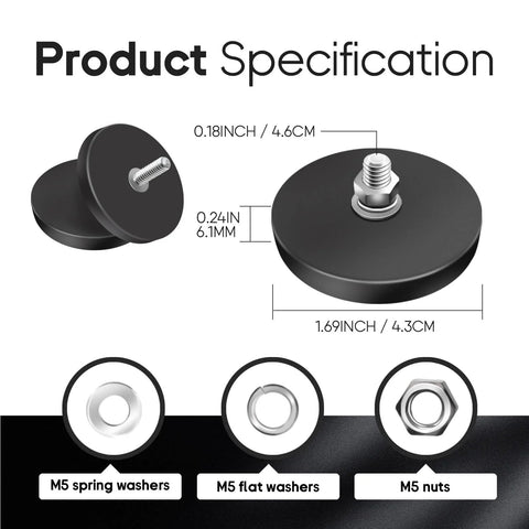 8-pack black rubber-coated M5 neodymium magnets with threaded studs; diameter ~1.69 in; includes M5 washers and nuts