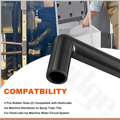 Two Pack Rubber Hose C Replacement 4A1551-03 For KM Series Ice Machine Distributor To Spray Tube, Fits KM-280MAF KM-280MAH KM-280MWF KM-280MWH, Refrigeration Maintenance And Ice Machine Parts. Black rubber hose fitting shown for ice machine water circuit.