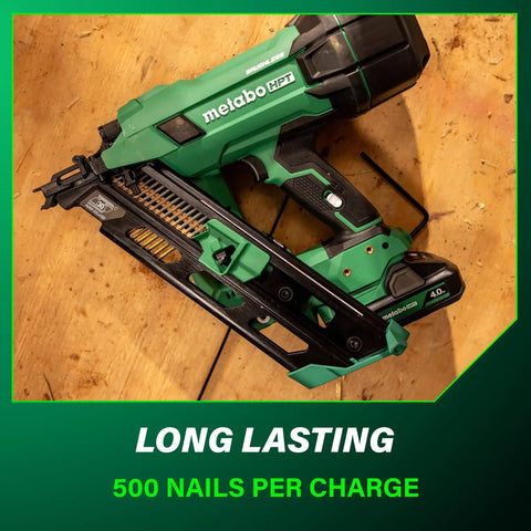 Cordless 18V 30 Degree Paper Tape Framing Nailer Kit With 4Ah Battery on wooden surface, side view