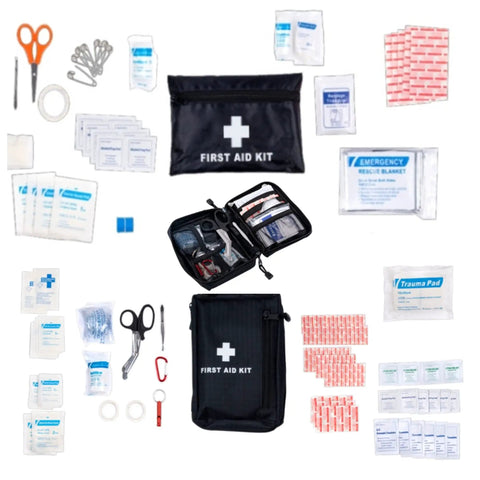 First aid contents of Urban Emergency Survival Vest Kit With Fire Resistant Waterproof Vest For Hurricanes And Earthquakes Prepper Ready Disaster Gear Premium Black Box Gift