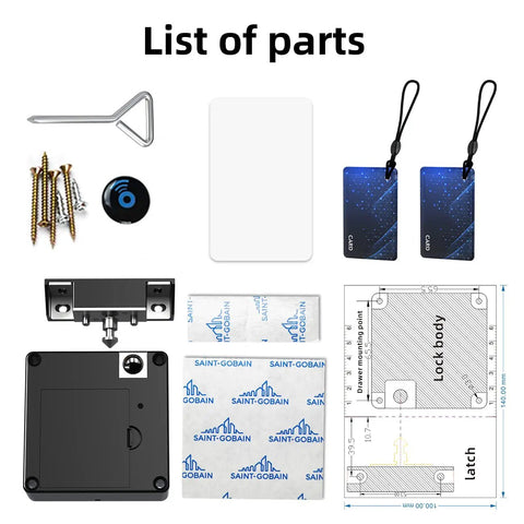 List of parts for Bluetooth Drawer Lock For Cabinets With RFID And NFC, including lock unit, RFID cards, and screws.