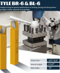 Front view of two yellow carbide-tipped lathe cutter tools with 1/2-in shanks; part of a 20-piece set.