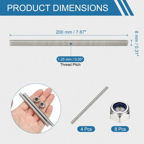 Beefy 4 Pack Fully Threaded Rods M8 x 200mm 304 Stainless Steel dimensions with thread pitch and nuts