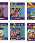 Premium Reef And Saltwater Aquarium Testing Kit featuring six reagents for calcium, nitrate, phosphate, pH, alkalinity, and magnesium.