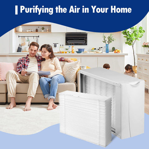 Couple with child in living room beside 3 Pack 401 Replacement Filter For AprilAire 2400 And Space Gard 2400 Whole House Purifier