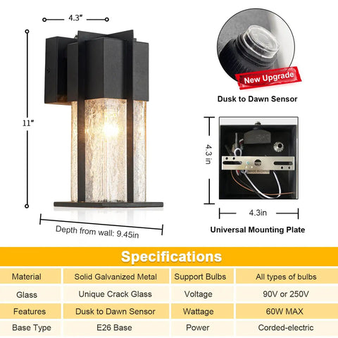 Dusk To Dawn Exterior Wall Light with Crackle Glass Sensor and dimensions shown, black finish, waterproof, for front door or garage.