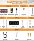 Compact 8V Rotary Tool Kit With 42 Accessories For Fine Detail Work Low Noise And High Performance shown with variety of accessories.