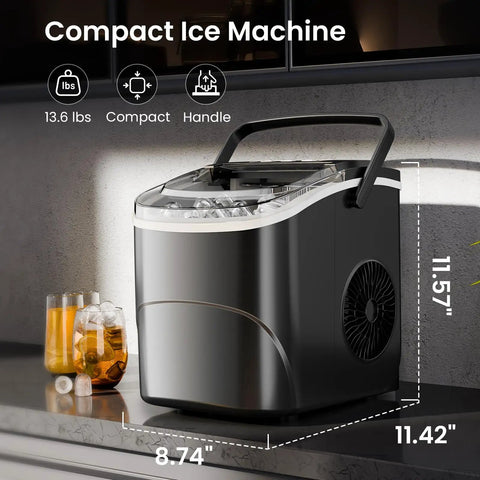 Countertop Ice Maker With Handle For Home Kitchen, Fast Bullet Ice Production, dimensions 11.57x11.42x8.74 inches, on counter