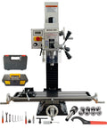 Mini Benchtop Mill And Drill Press With Brushless Motor, showing control panel, tools, and accessories for precision metalworking.
