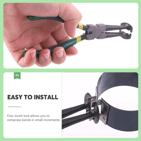 Close-up of pliers from 16 Piece Pro Grade Piston Ring Compressor Tool Set With Pliers, Ring Spreader, And 14 Band Ratchet.