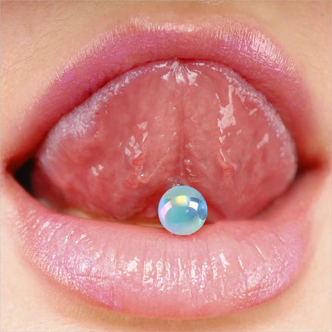Dope Mixed Color 14G Stainless Steel Straight Barbell Tongue Ring Set Five Eighth Inch Length 23 Piece Acrylic Flexible Retainer Jewelry For Women And Men Hypoallergenic Safe All Day Comfort, blue ball close-up