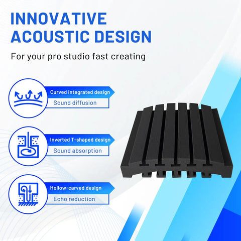 24 Pack Curved Acoustic Foam Panels 3X12X12 Inches Killer Sound Blocking Wedge Tiles showing innovative acoustic design features.