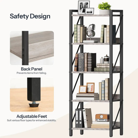 No Fuss Five Tier Industrial Bookcase With Sturdy Metal Frame And Secure Back Barrier Sweet Vertical Storage Organizer That Looks Dang Fine In Any Living Room Or Home Office Greige And Black