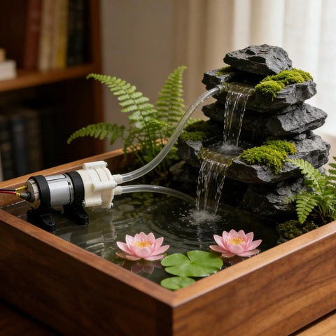 Mini DC Water Pump 6V To 12V Diaphragm Pump powering a small rock waterfall display with plants and flowers.