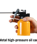 VIREYA metal hand pump oiler can with MetalFlex spout, orange body held in hand
