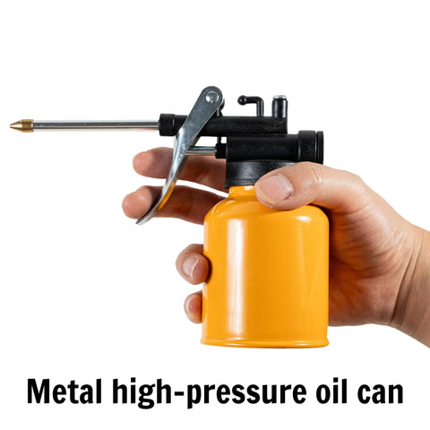 VIREYA metal hand pump oiler can with MetalFlex spout, orange body held in hand