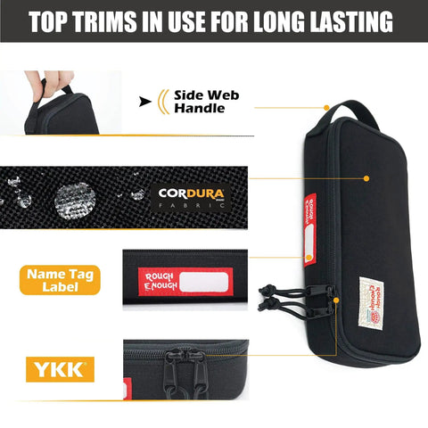Rugged 1000D Cordura Tool Bag Pouch Box EDC Organizer Case with zipper and handle showing fabric, label, and water repellency.