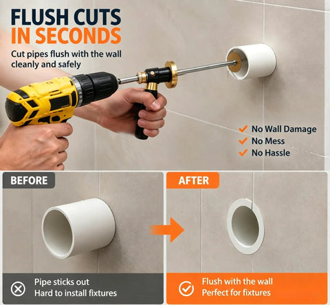 Inside Pipe Cutter For PVC Pipe With One Press Adjustable Depth From 0.4 To 7 Inches, flush cut tool in use on PVC wall pipe