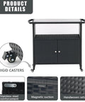 Outdoor Rolling Bar Cart With Storage Cabinet And Tempered Glass Top PE Rattan Grill Cart for Patio BBQ With Wheels and Brakes