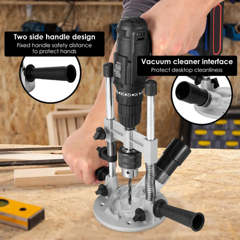 Person using Pro Grade Drill Guide Attachment For Portable Vertical Drill Press Stand With Aluminum Alloy Construction