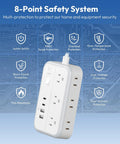 Front view of Flat Plug Power Strip With 10 Ft Cord, 6 Outlets And 4 USB Ports, Overload Protected Extension Cord, 8-point safety system