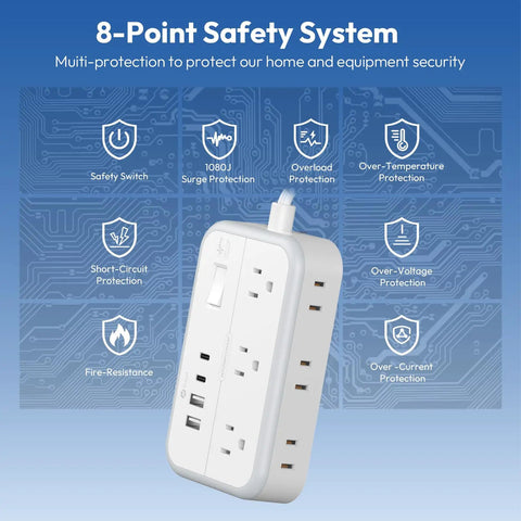 Front view of Flat Plug Power Strip With 10 Ft Cord, 6 Outlets And 4 USB Ports, Overload Protected Extension Cord, 8-point safety system