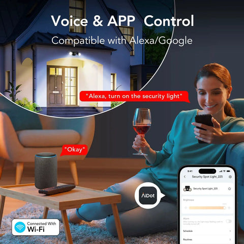 Woman using phone to control Motion Sensor Outdoor Lights With 450 Degree Wide Adjustment on house with WiFi and Alexa