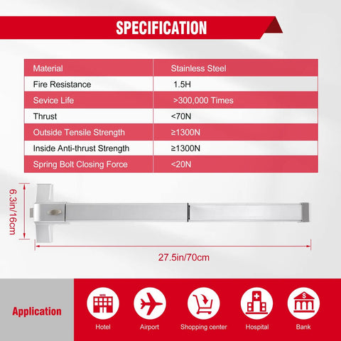 Commercial Exit Door Panic Bar With External Lever In Silver Stainless Steel, Fireproof Lock Set, product specifications table