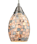 Capri Mini Pendant Light With Satin Nickel Finish And Gray Capiz Shell in transitional style for living room or bedroom hardwired