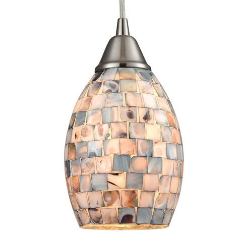 Capri Mini Pendant Light With Satin Nickel Finish And Gray Capiz Shell in transitional style for living room or bedroom hardwired