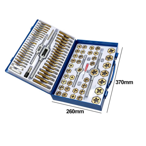 Premium 86-Piece Metric Tap Die Set With Full Assortment of Alloy Steel Taps Dies Gauges And Heavy Duty Wrenches For Precision Thread Cutting In Service Work And DIY Projects That Actually Rock. Open metal case with metric tap and die set, 260mm x 370mm