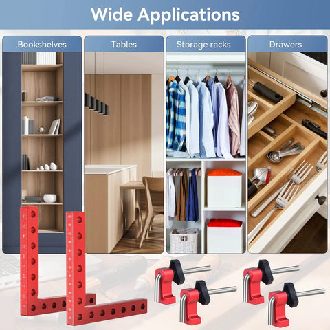 Aluminum Corner Clamp Set For Woodworking, 90 Degree Right Angle Squares, 4 Pack 5.5 X 5.5 Inches displayed with various applications