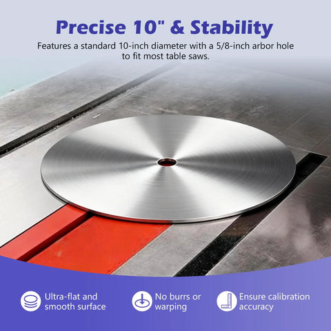 10 Inch Table Saw Calibration Plate on Saw Table with 5/8 Inch Arbor for Blade Alignment