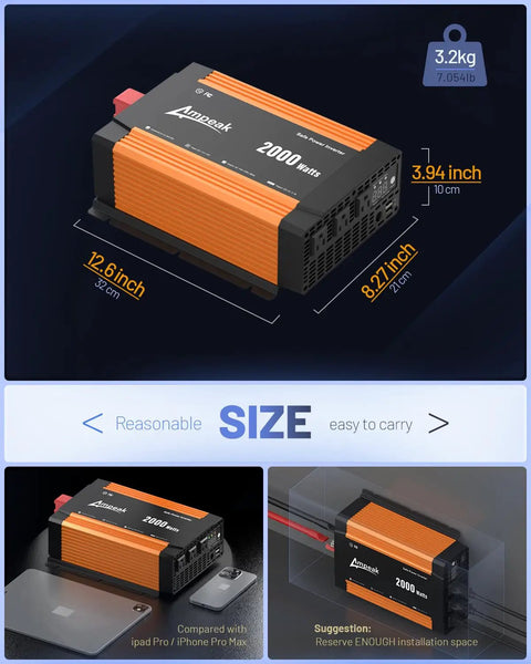 Reliable Workhorse 2000 Watt Power Inverter With Wireless Remote And Dual Usb 4000W Surge Kick Ultra Quiet 52 Db Fan Lcd Screen High Efficiency Battery Converter For Rv Car Truck Off Grid Adventures shown with size dimensions.