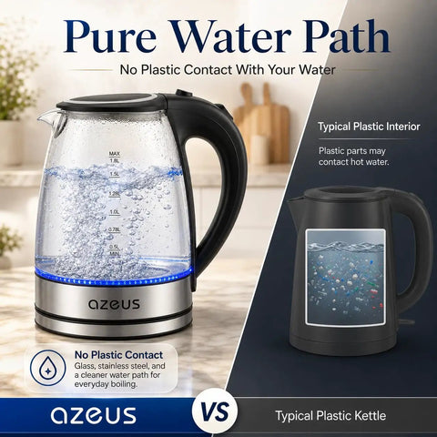 Comparison of Azeus glass electric kettle with pure water path and typical plastic kettle interior contrast with boiling water.