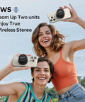 Two people holding phones with Magnetic Portable Bluetooth Speaker With Boomin Bass IPX6 Waterproof Mini Shower Speaker 12 Hour Playtime TWS Stereo USB C Outdoor Speaker Black Ideal Travel Gift For Any Adventure attached.
