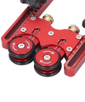 Bulletproof Table Saw Feeder Roller With 160 Millimeter Anodized Aluminum Housing showing dual bearing assembly and rubber tires.