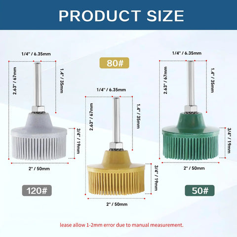 Three Piece Two Inch Bristle Disc Set For Gasket Removal Includes 50 80 120 Grit White Yellow Green Bristles With One Fourth Inch Shank