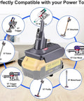 V7 Vacuum Adapter Kit For DeWalt 20V Battery To Plug And Play Dyson V7 Animal Absolute Motorhead Fluffy SV11 Cordless Stick Vacuum 100 Percent Compatible With All V7 Series Models, shown with compatible vacuum models