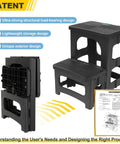 Foldable 2 Step Stool for Adults and Kids Non Slip Portable Grab And Go Stool shown folded and unfolded, patent details