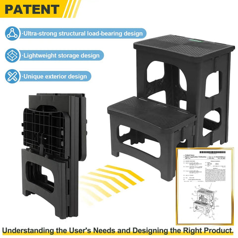 Foldable 2 Step Stool for Adults and Kids Non Slip Portable Grab And Go Stool shown folded and unfolded, patent details